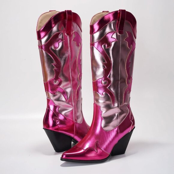 Women's Metallic Pink Mid Calf Western Pointed Toe Comfortable Heel Boots - Picture 7 of 8